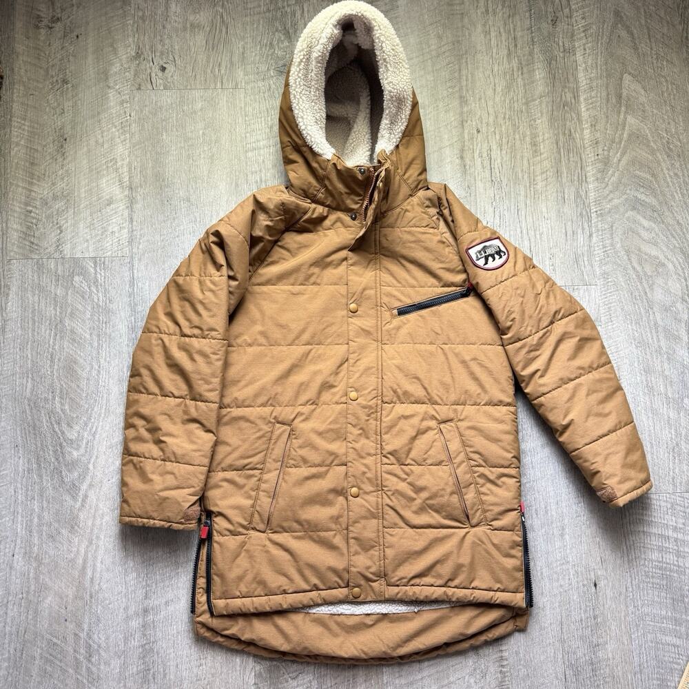 LL Bean Boys Parka Jacket Sherpa Lined L 14-16 Youth Kids Tan Long Primaloftft